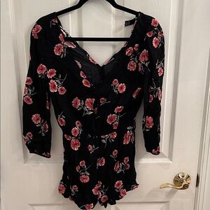 Forever 21 Black romper short with Red Floral Pattern
